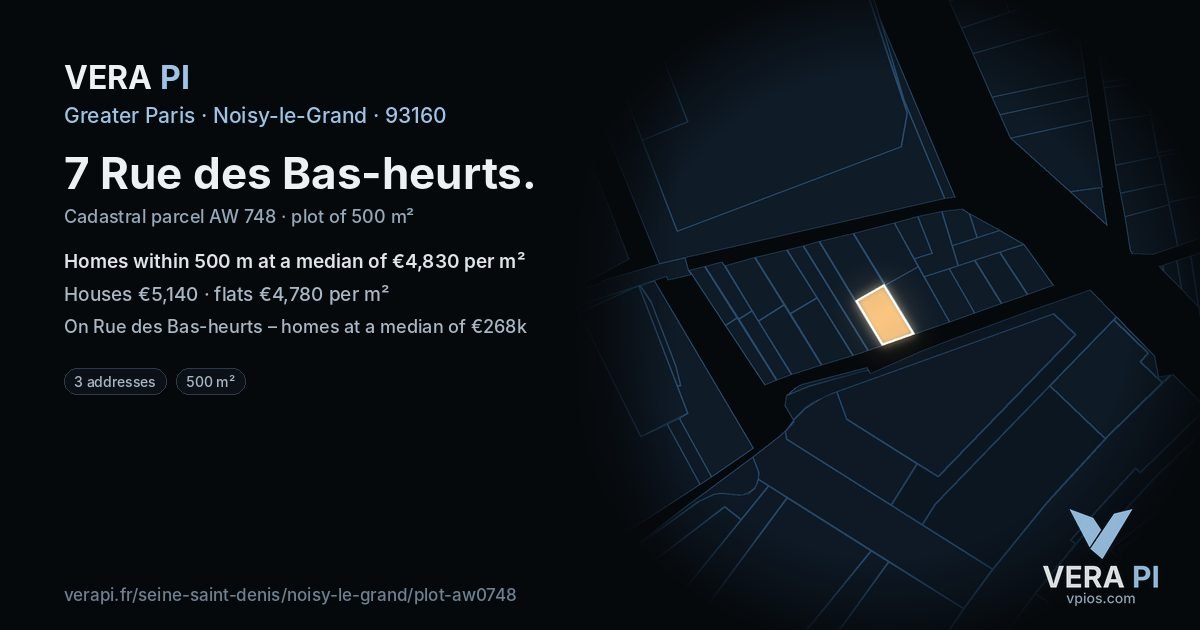 7 Rue des Bas-heurts, Noisy-le-Grand at night – the plot lit, the parcels around coloured by the prices near them