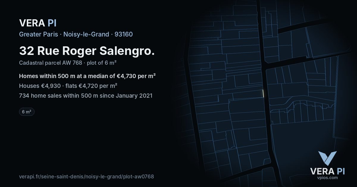 32 Rue Roger Salengro, Noisy-le-Grand at night – the plot lit, the parcels around coloured by the prices near them