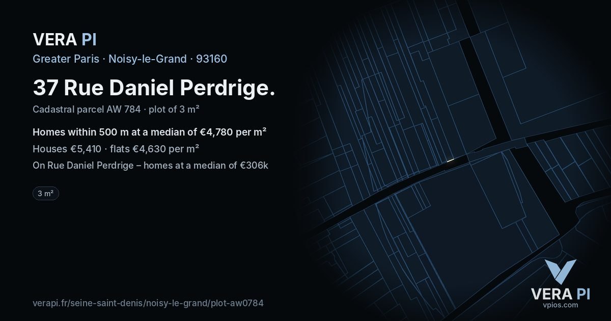37 Rue Daniel Perdrige, Noisy-le-Grand at night – the plot lit, the parcels around coloured by the prices near them