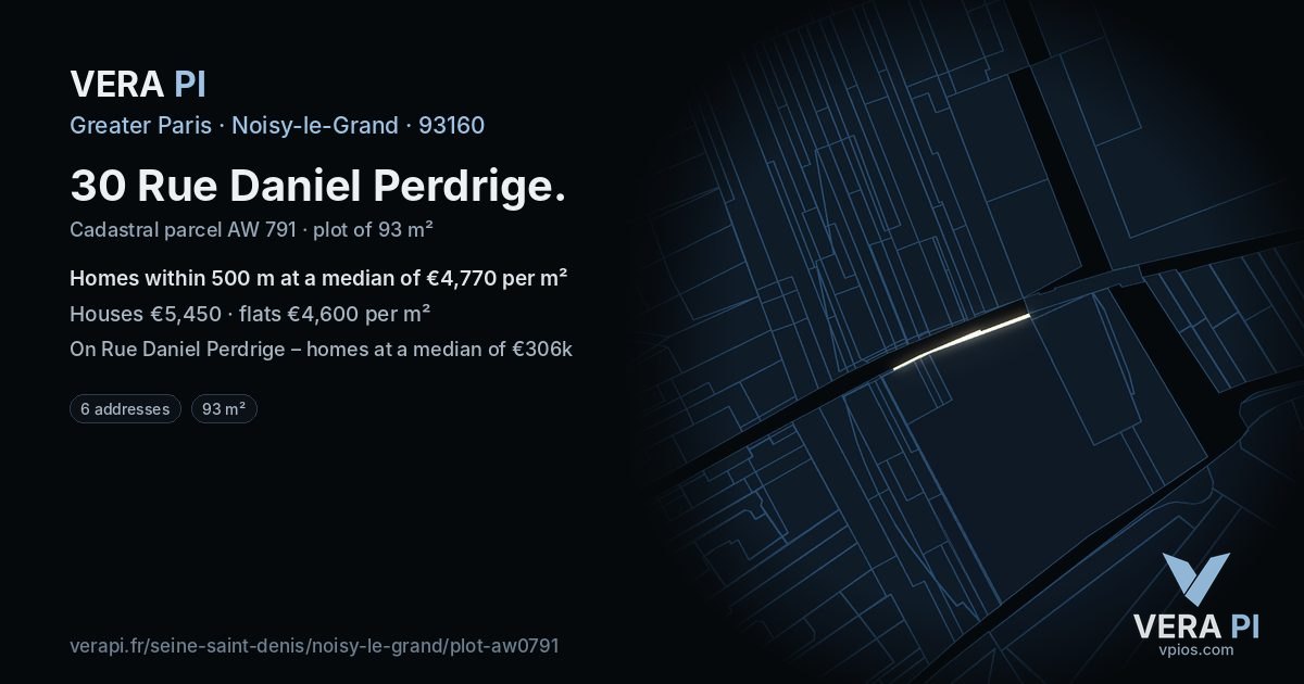 30 Rue Daniel Perdrige, Noisy-le-Grand at night – the plot lit, the parcels around coloured by the prices near them