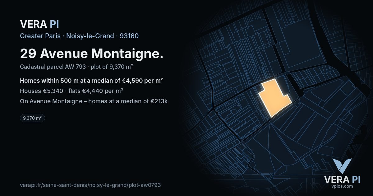 29 Avenue Montaigne, Noisy-le-Grand at night – the plot lit, the parcels around coloured by the prices near them