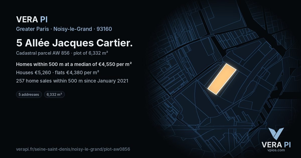 5 Allée Jacques Cartier, Noisy-le-Grand at night – the plot lit, the parcels around coloured by the prices near them