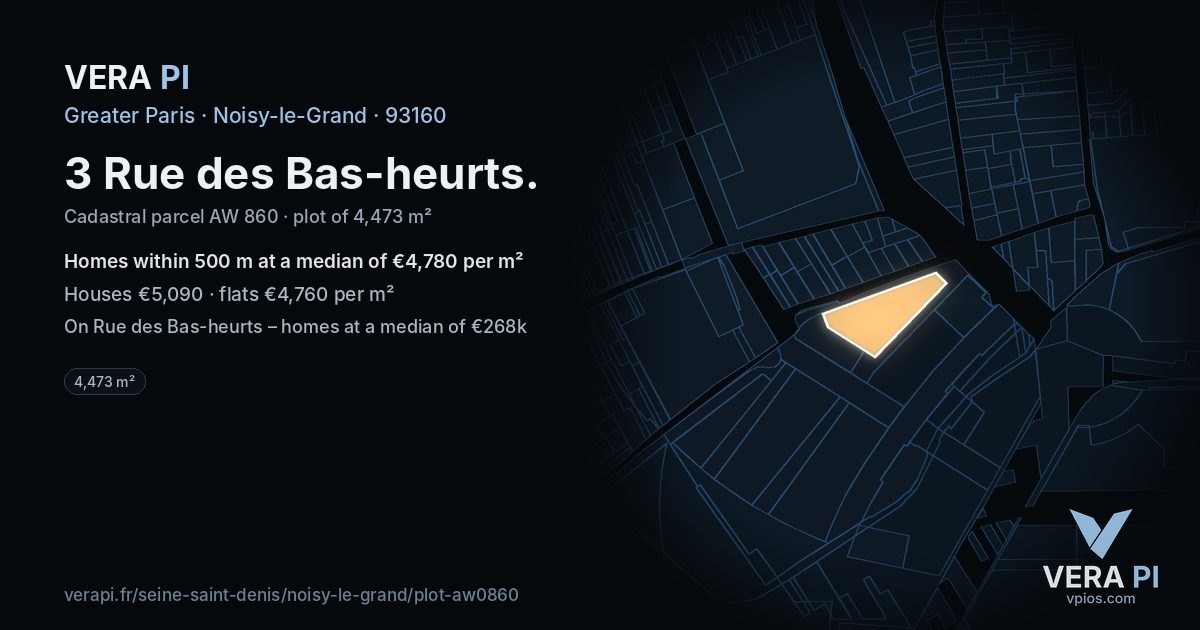 3 Rue des Bas-heurts, Noisy-le-Grand at night – the plot lit, the parcels around coloured by the prices near them