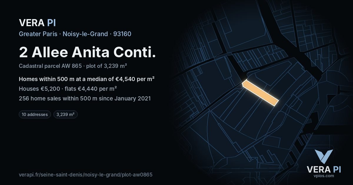 2 Allee Anita Conti, Noisy-le-Grand at night – the plot lit, the parcels around coloured by the prices near them