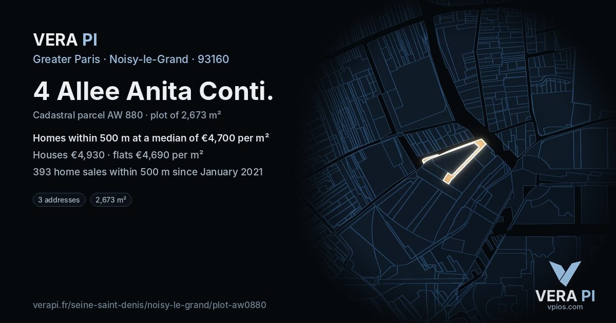 4 Allee Anita Conti, Noisy-le-Grand at night – the plot lit, the parcels around coloured by the prices near them