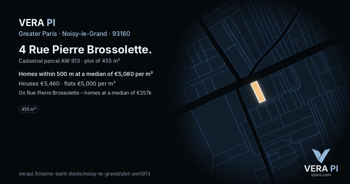 4 Rue Pierre Brossolette, Noisy-le-Grand at night – the plot lit, the parcels around coloured by the prices near them