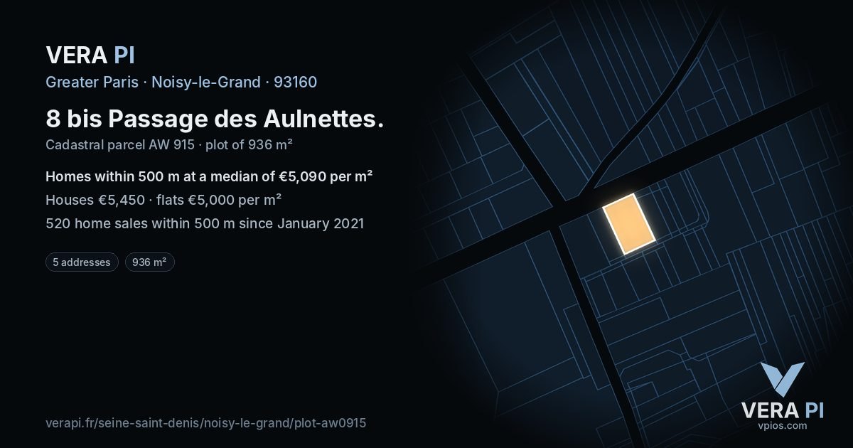 8 bis Passage des Aulnettes, Noisy-le-Grand at night – the plot lit, the parcels around coloured by the prices near them