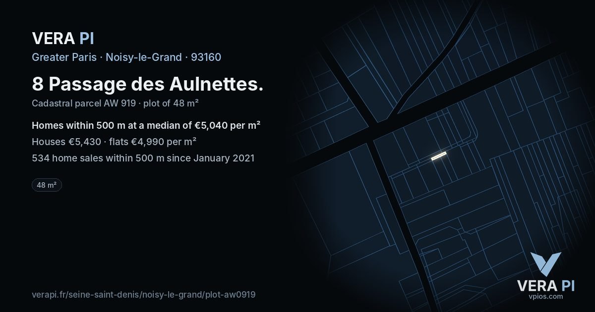 8 Passage des Aulnettes, Noisy-le-Grand at night – the plot lit, the parcels around coloured by the prices near them