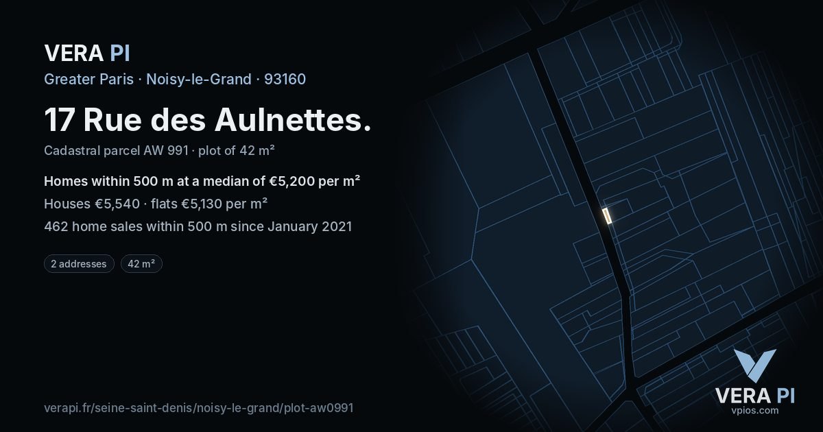 17 Rue des Aulnettes, Noisy-le-Grand at night – the plot lit, the parcels around coloured by the prices near them