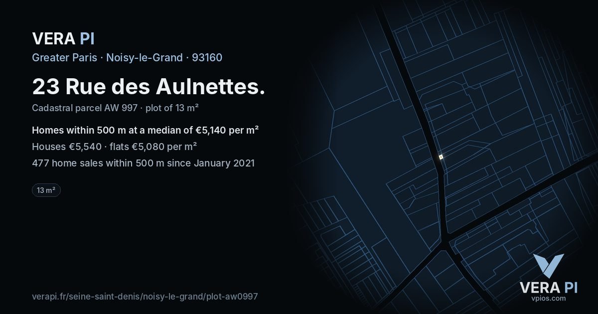 23 Rue des Aulnettes, Noisy-le-Grand at night – the plot lit, the parcels around coloured by the prices near them