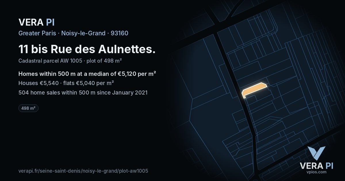 11 bis Rue des Aulnettes, Noisy-le-Grand at night – the plot lit, the parcels around coloured by the prices near them