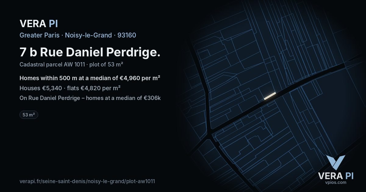 7 b Rue Daniel Perdrige, Noisy-le-Grand at night – the plot lit, the parcels around coloured by the prices near them