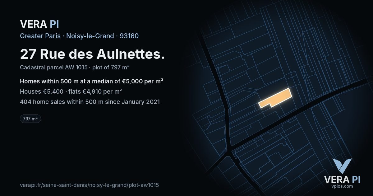 27 Rue des Aulnettes, Noisy-le-Grand at night – the plot lit, the parcels around coloured by the prices near them