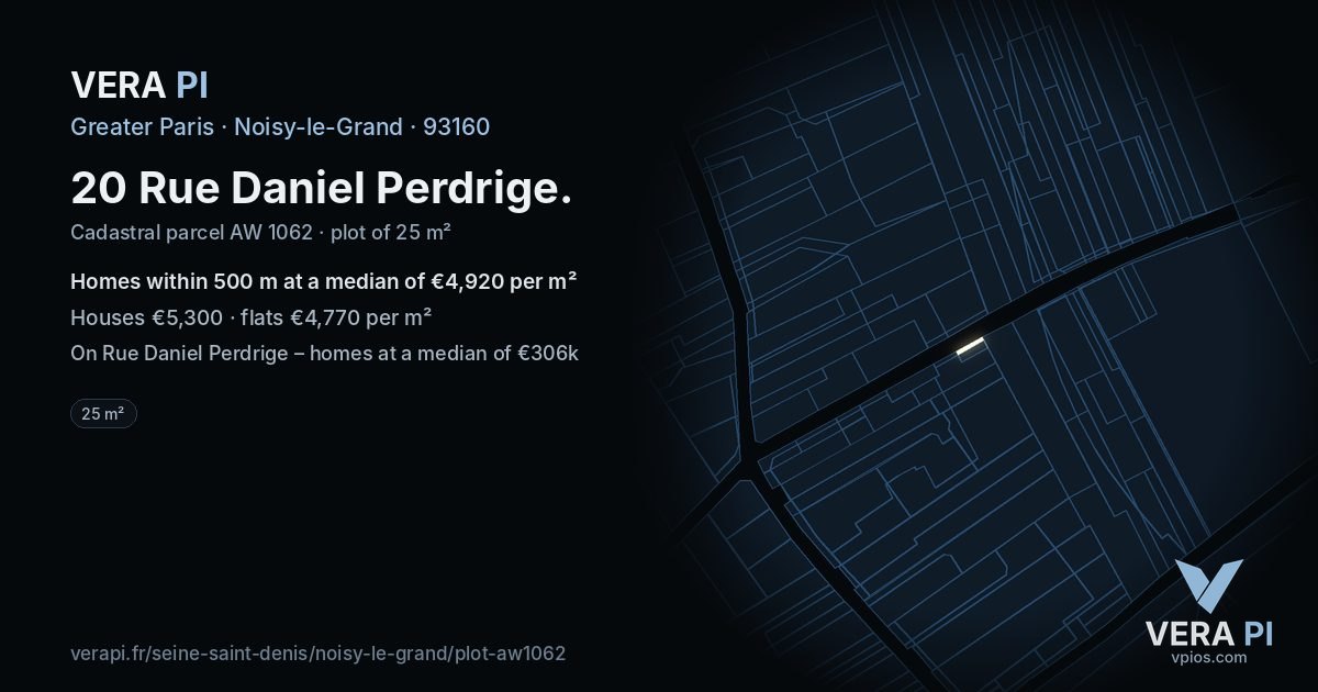 20 Rue Daniel Perdrige, Noisy-le-Grand at night – the plot lit, the parcels around coloured by the prices near them
