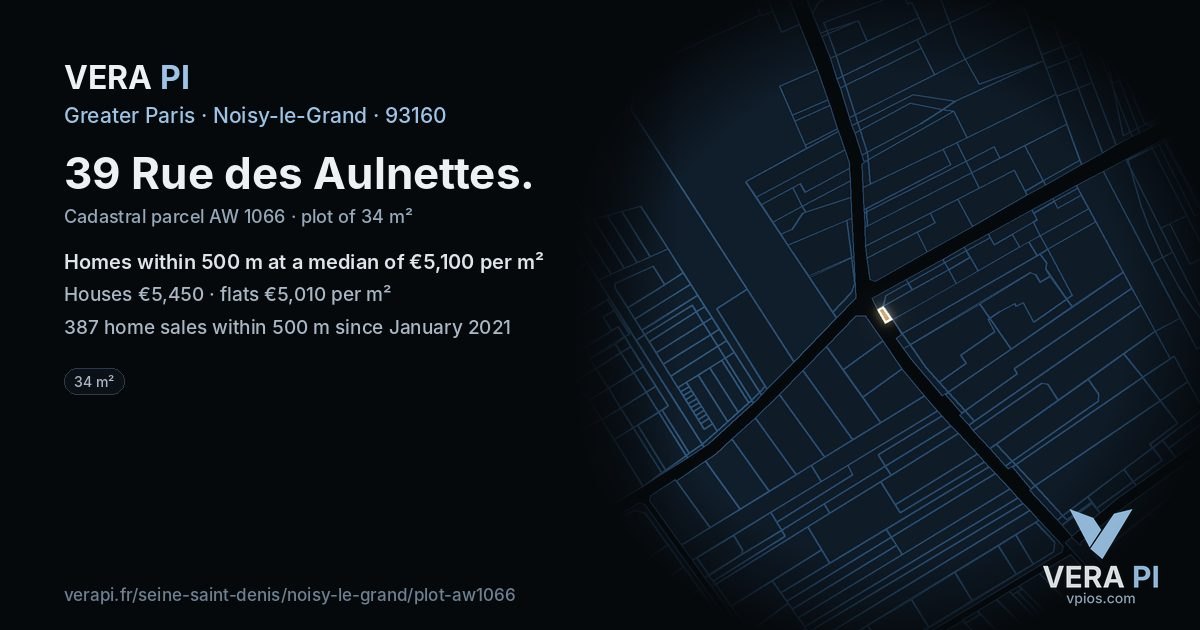39 Rue des Aulnettes, Noisy-le-Grand at night – the plot lit, the parcels around coloured by the prices near them