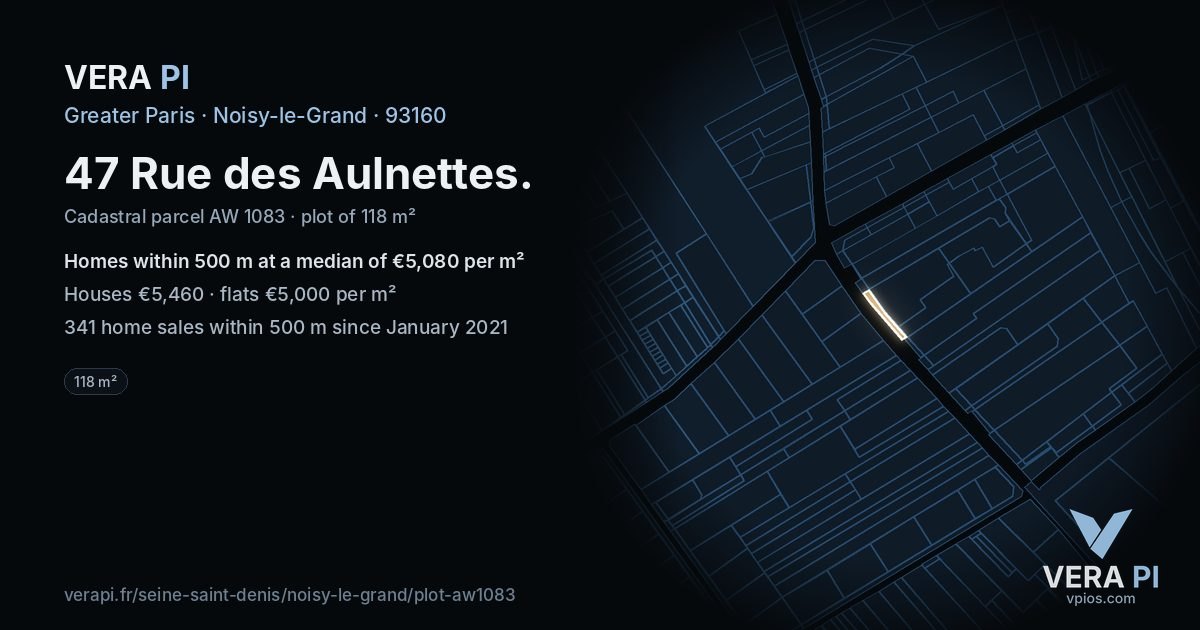 47 Rue des Aulnettes, Noisy-le-Grand at night – the plot lit, the parcels around coloured by the prices near them