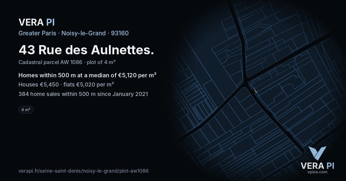43 Rue des Aulnettes, Noisy-le-Grand at night – the plot lit, the parcels around coloured by the prices near them