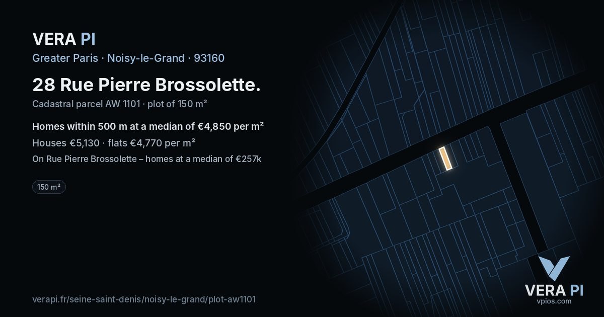 28 Rue Pierre Brossolette, Noisy-le-Grand at night – the plot lit, the parcels around coloured by the prices near them