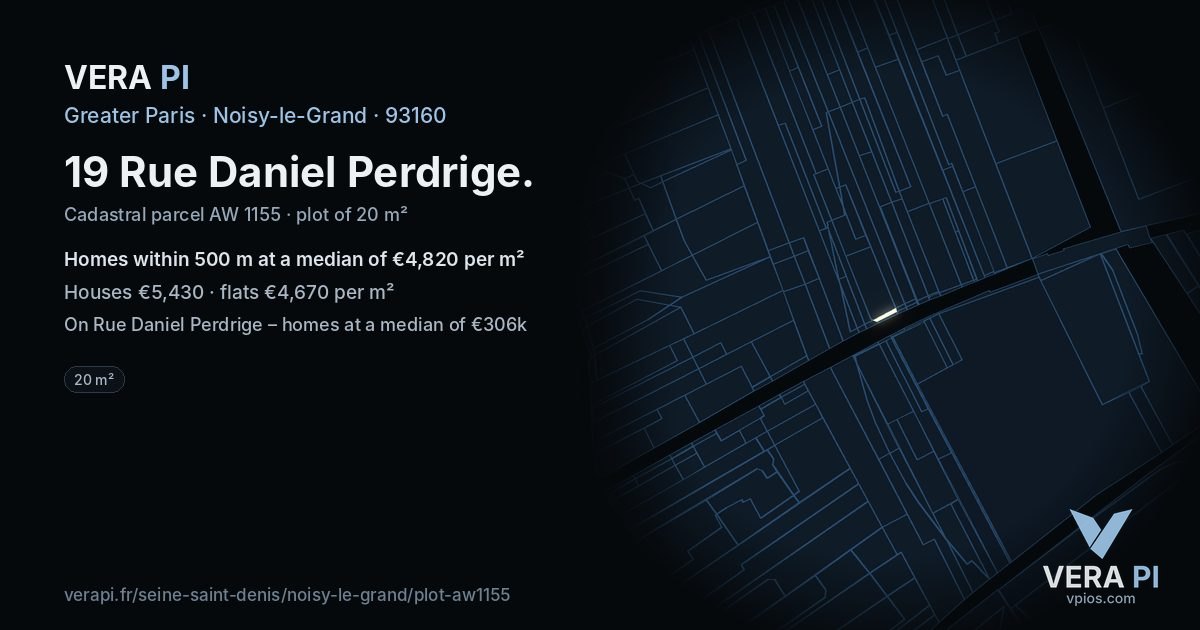 19 Rue Daniel Perdrige, Noisy-le-Grand at night – the plot lit, the parcels around coloured by the prices near them
