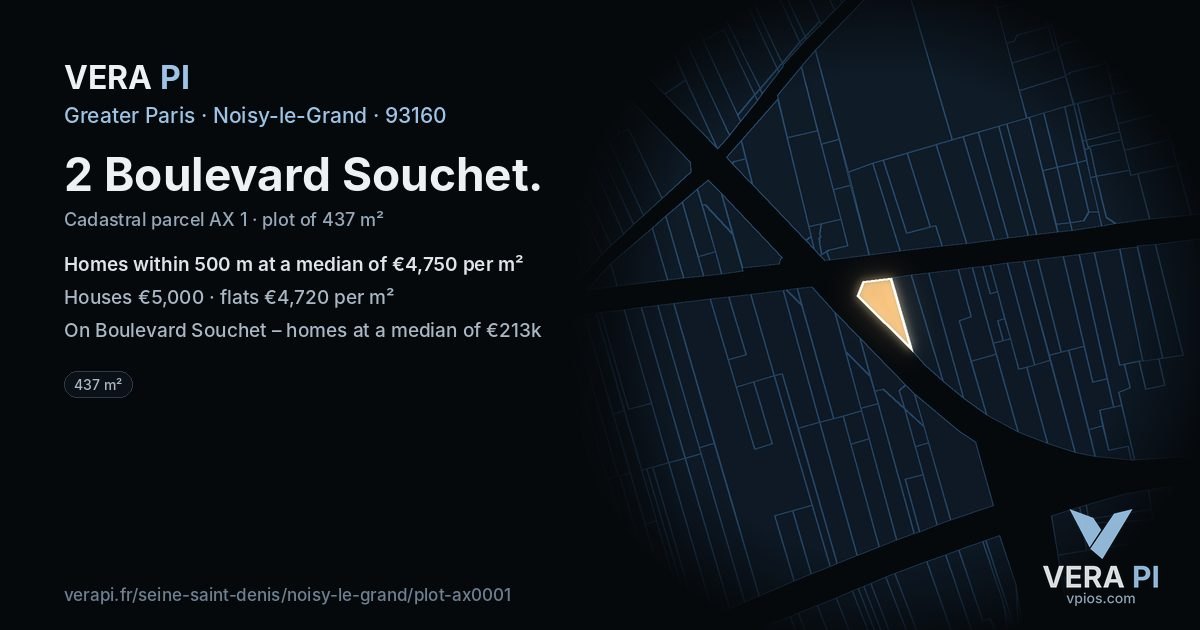 2 Boulevard Souchet, Noisy-le-Grand at night – the plot lit, the parcels around coloured by the prices near them
