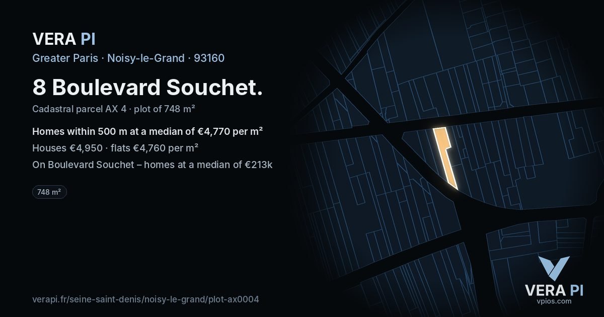8 Boulevard Souchet, Noisy-le-Grand at night – the plot lit, the parcels around coloured by the prices near them
