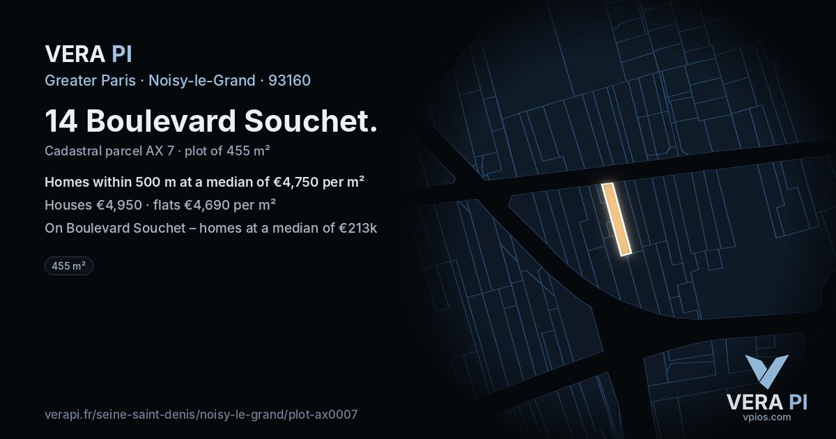 14 Boulevard Souchet, Noisy-le-Grand at night – the plot lit, the parcels around coloured by the prices near them