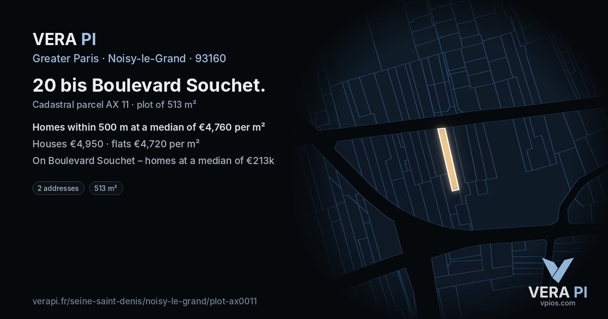 20 bis Boulevard Souchet, Noisy-le-Grand at night – the plot lit, the parcels around coloured by the prices near them