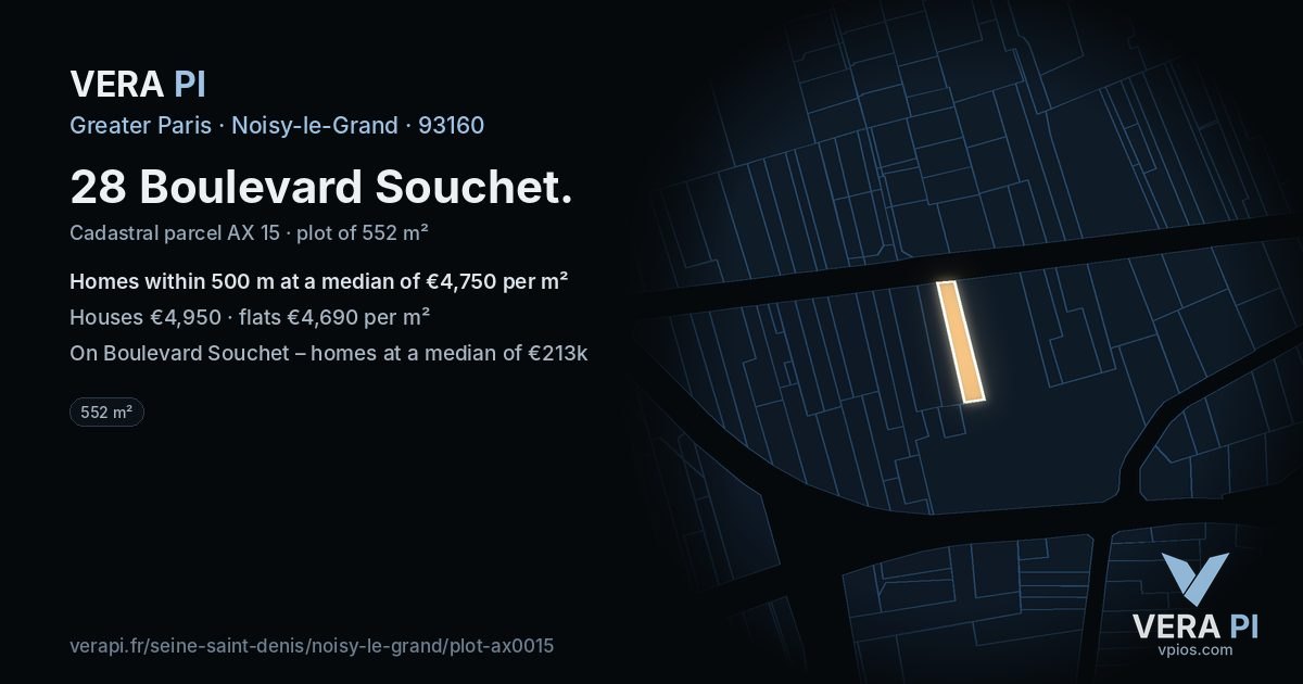28 Boulevard Souchet, Noisy-le-Grand at night – the plot lit, the parcels around coloured by the prices near them