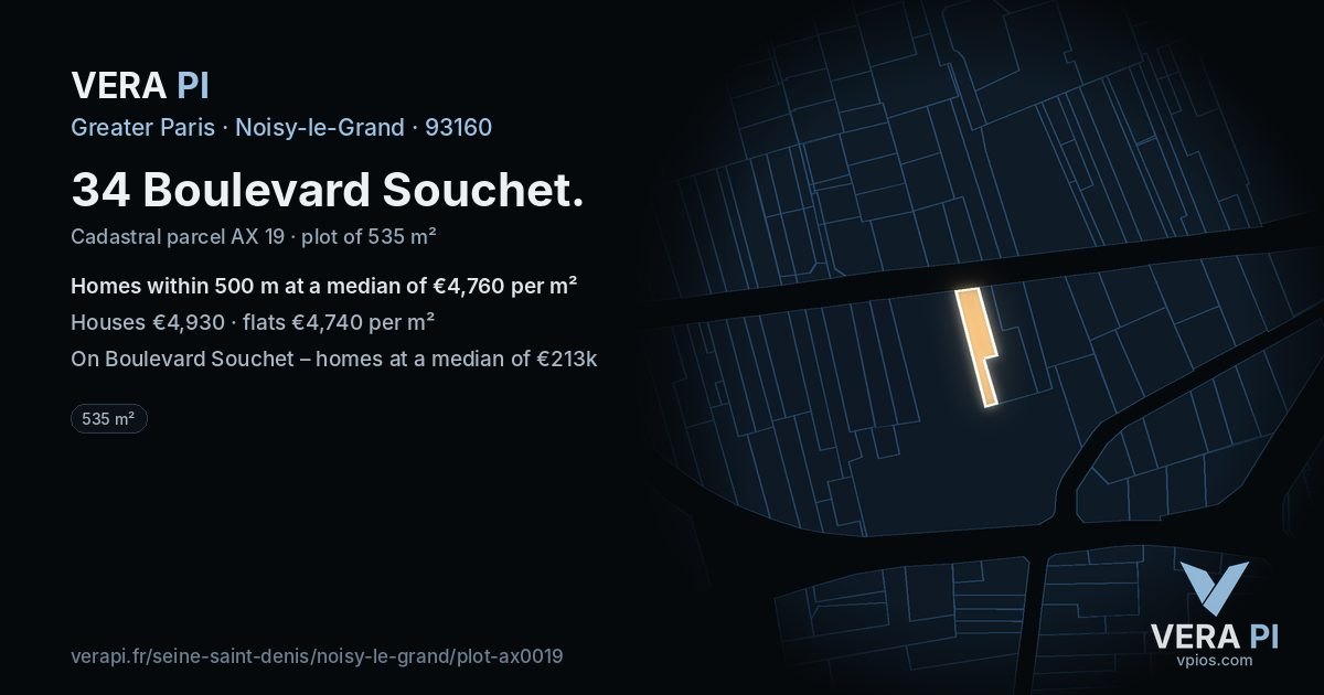 34 Boulevard Souchet, Noisy-le-Grand at night – the plot lit, the parcels around coloured by the prices near them