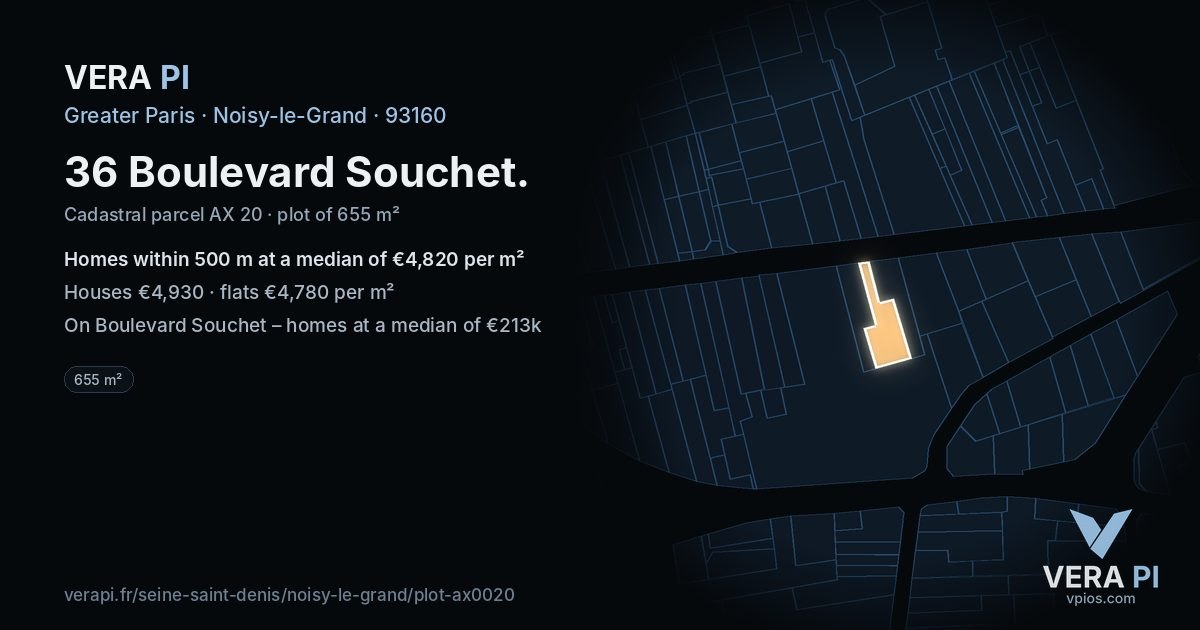 36 Boulevard Souchet, Noisy-le-Grand at night – the plot lit, the parcels around coloured by the prices near them