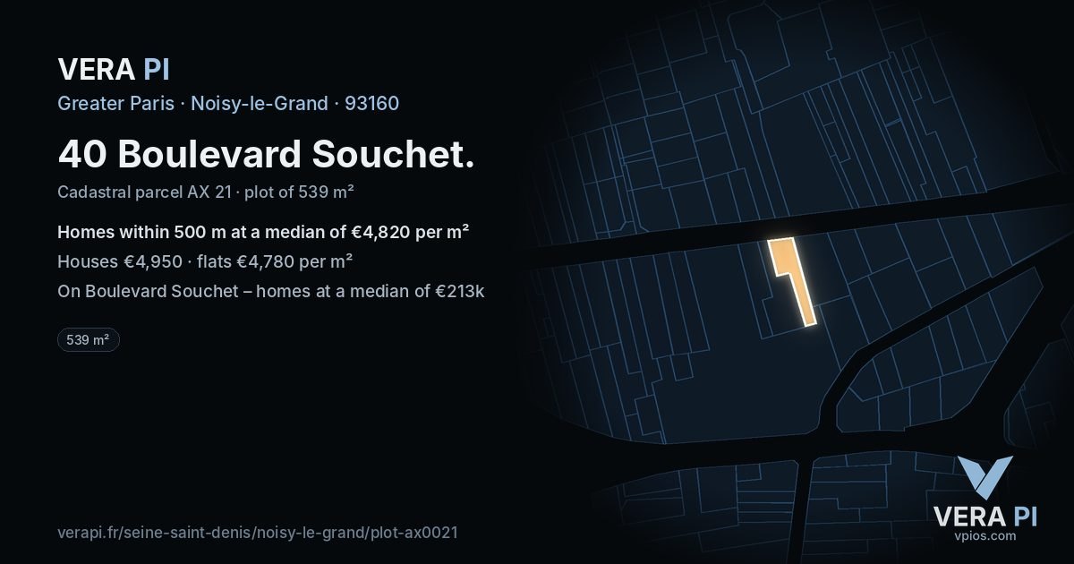 40 Boulevard Souchet, Noisy-le-Grand at night – the plot lit, the parcels around coloured by the prices near them