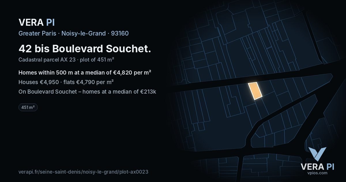 42 bis Boulevard Souchet, Noisy-le-Grand at night – the plot lit, the parcels around coloured by the prices near them