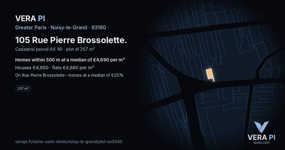105 Rue Pierre Brossolette, Noisy-le-Grand at night – the plot lit, the parcels around coloured by the prices near them