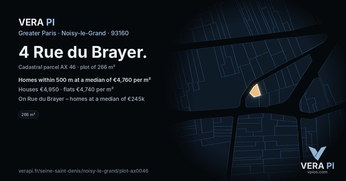 4 Rue du Brayer, Noisy-le-Grand at night – the plot lit, the parcels around coloured by the prices near them