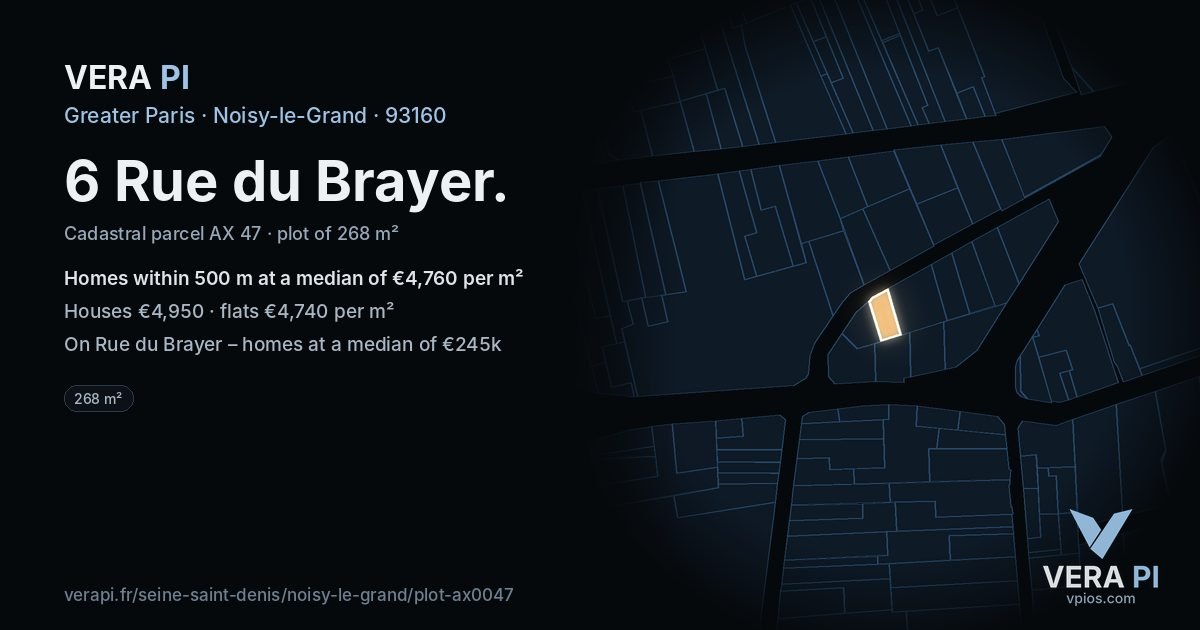 6 Rue du Brayer, Noisy-le-Grand at night – the plot lit, the parcels around coloured by the prices near them