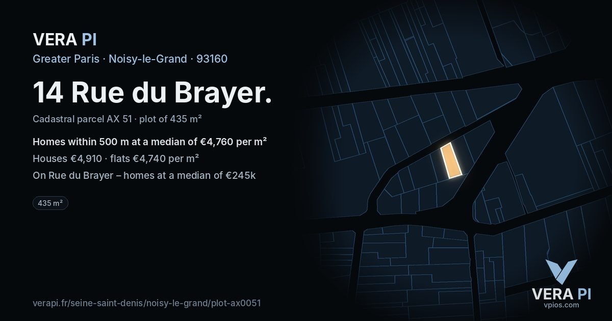 14 Rue du Brayer, Noisy-le-Grand at night – the plot lit, the parcels around coloured by the prices near them