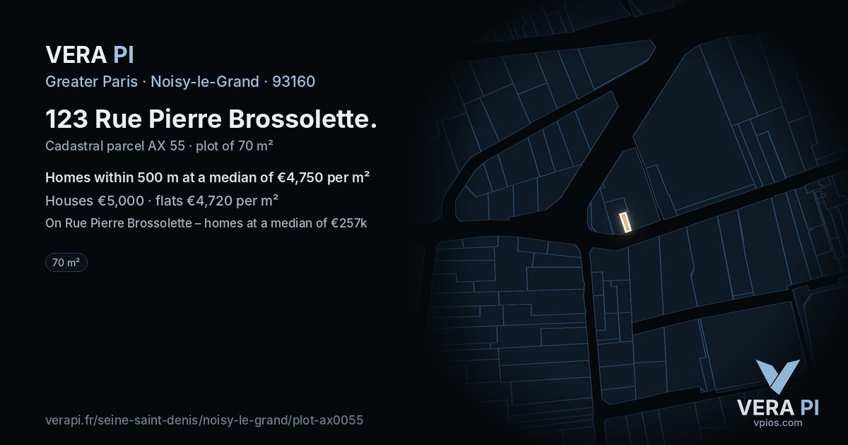 123 Rue Pierre Brossolette, Noisy-le-Grand at night – the plot lit, the parcels around coloured by the prices near them