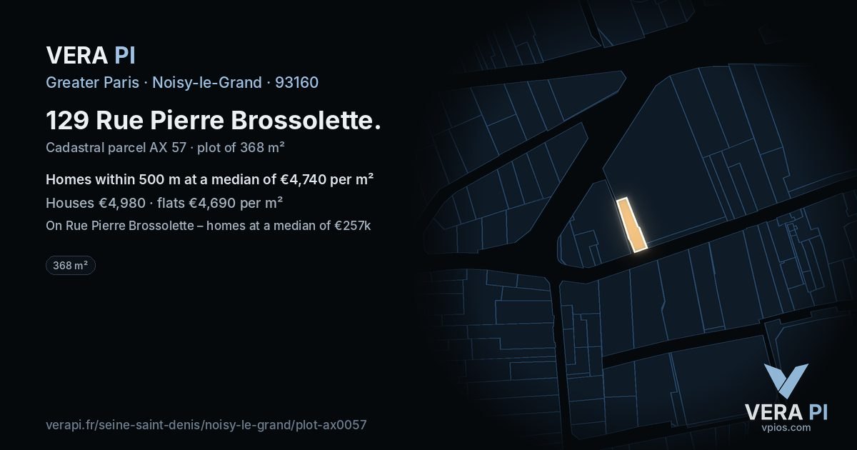 129 Rue Pierre Brossolette, Noisy-le-Grand at night – the plot lit, the parcels around coloured by the prices near them