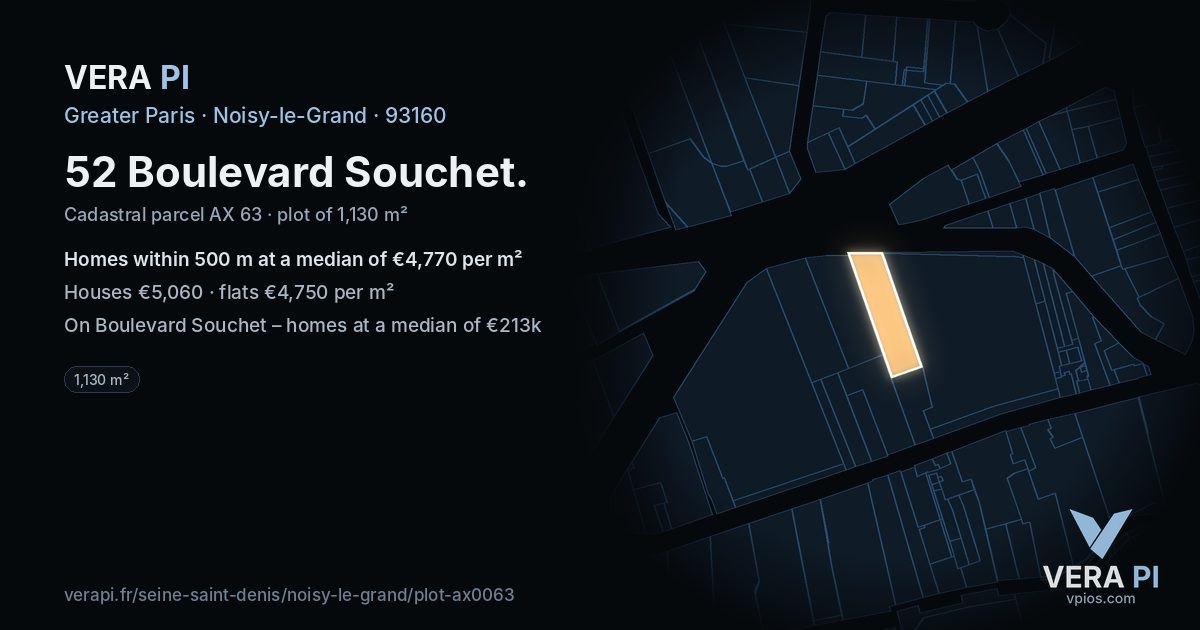 52 Boulevard Souchet, Noisy-le-Grand at night – the plot lit, the parcels around coloured by the prices near them