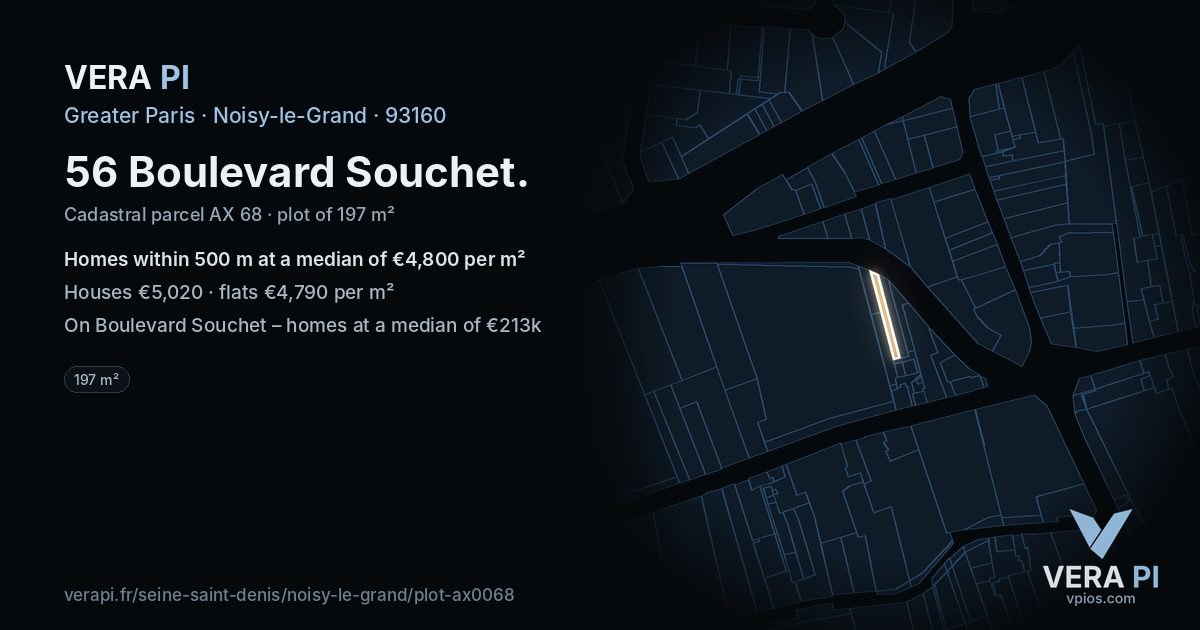 56 Boulevard Souchet, Noisy-le-Grand at night – the plot lit, the parcels around coloured by the prices near them
