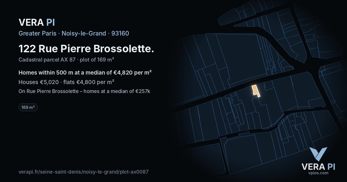 122 Rue Pierre Brossolette, Noisy-le-Grand at night – the plot lit, the parcels around coloured by the prices near them