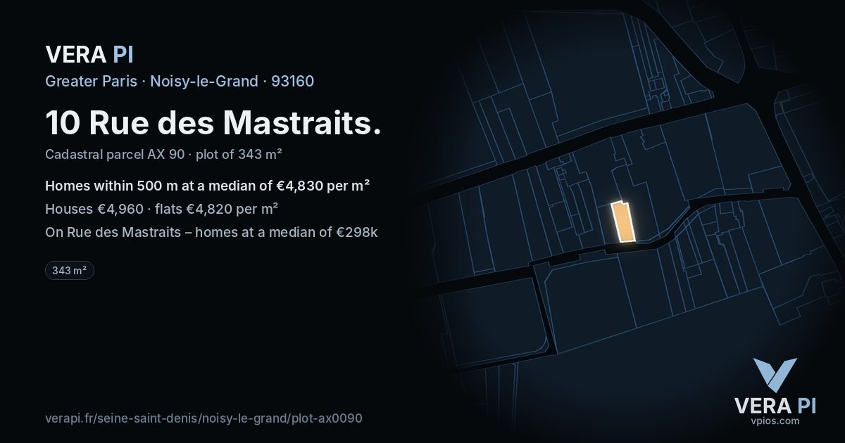 10 Rue des Mastraits, Noisy-le-Grand at night – the plot lit, the parcels around coloured by the prices near them