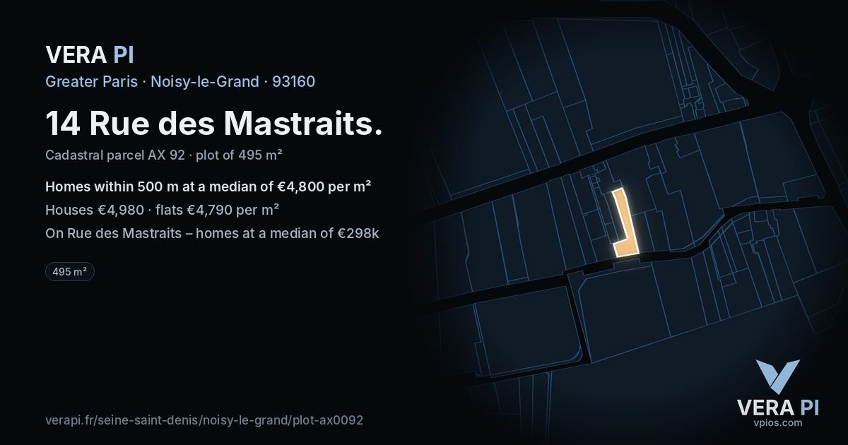 14 Rue des Mastraits, Noisy-le-Grand at night – the plot lit, the parcels around coloured by the prices near them
