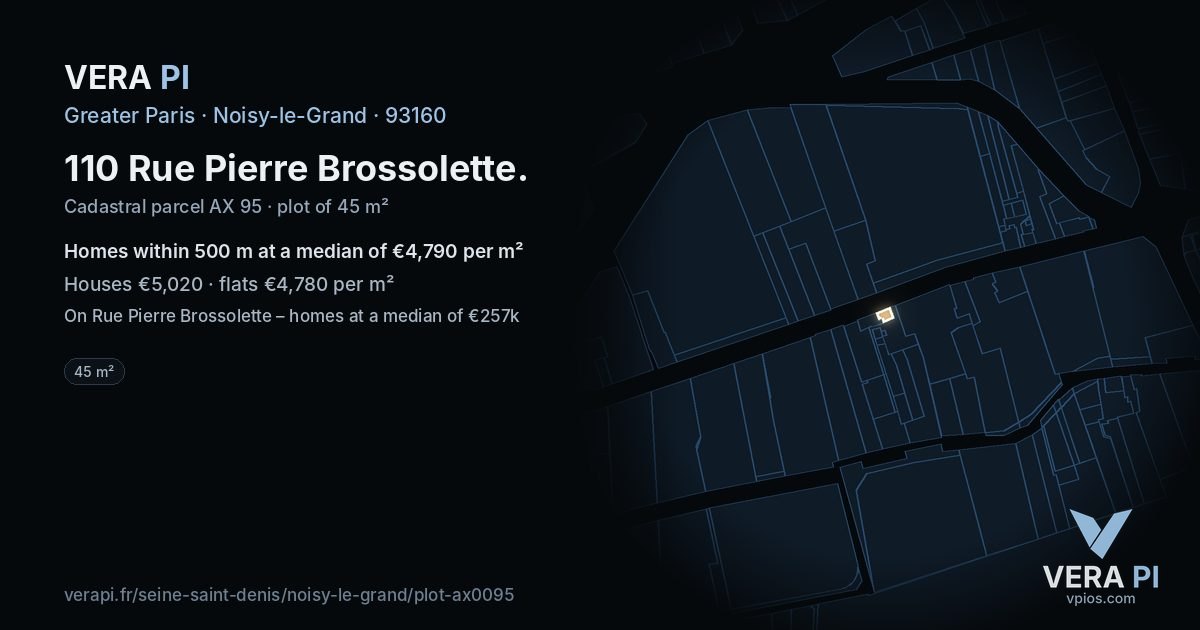 110 Rue Pierre Brossolette, Noisy-le-Grand at night – the plot lit, the parcels around coloured by the prices near them