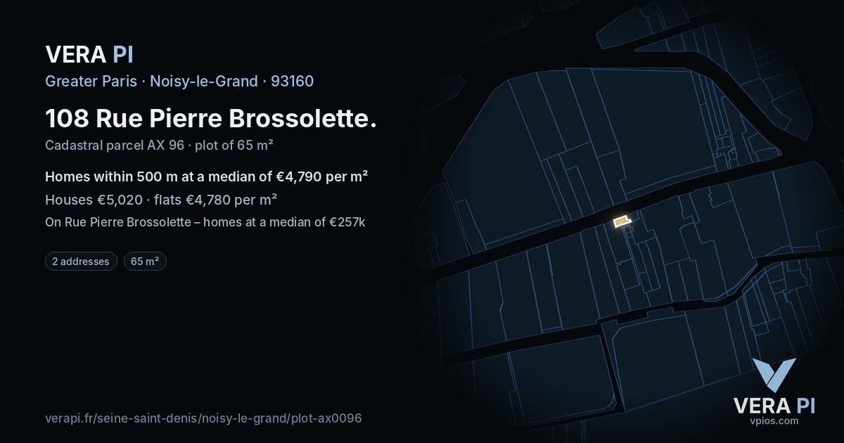108 Rue Pierre Brossolette, Noisy-le-Grand at night – the plot lit, the parcels around coloured by the prices near them