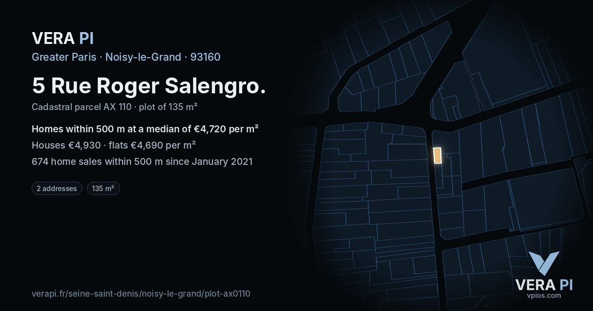 5 Rue Roger Salengro, Noisy-le-Grand at night – the plot lit, the parcels around coloured by the prices near them