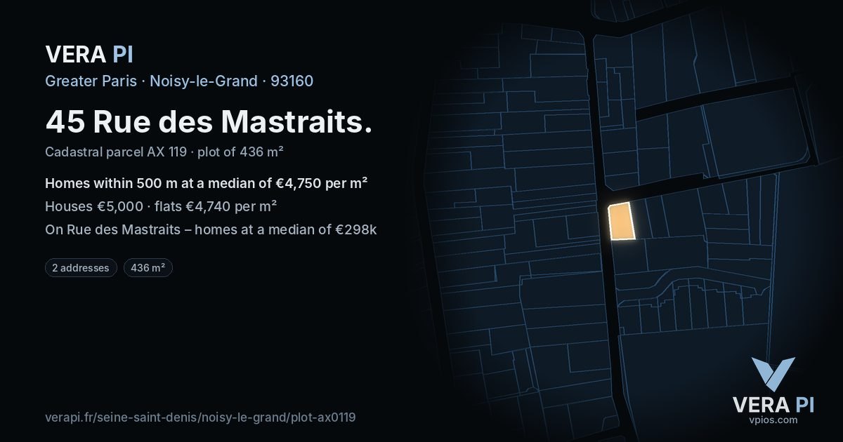 45 Rue des Mastraits, Noisy-le-Grand at night – the plot lit, the parcels around coloured by the prices near them