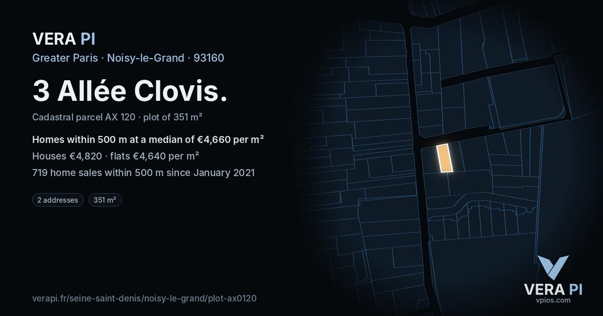 3 Allée Clovis, Noisy-le-Grand at night – the plot lit, the parcels around coloured by the prices near them