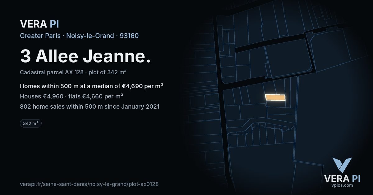 3 Allee Jeanne, Noisy-le-Grand at night – the plot lit, the parcels around coloured by the prices near them