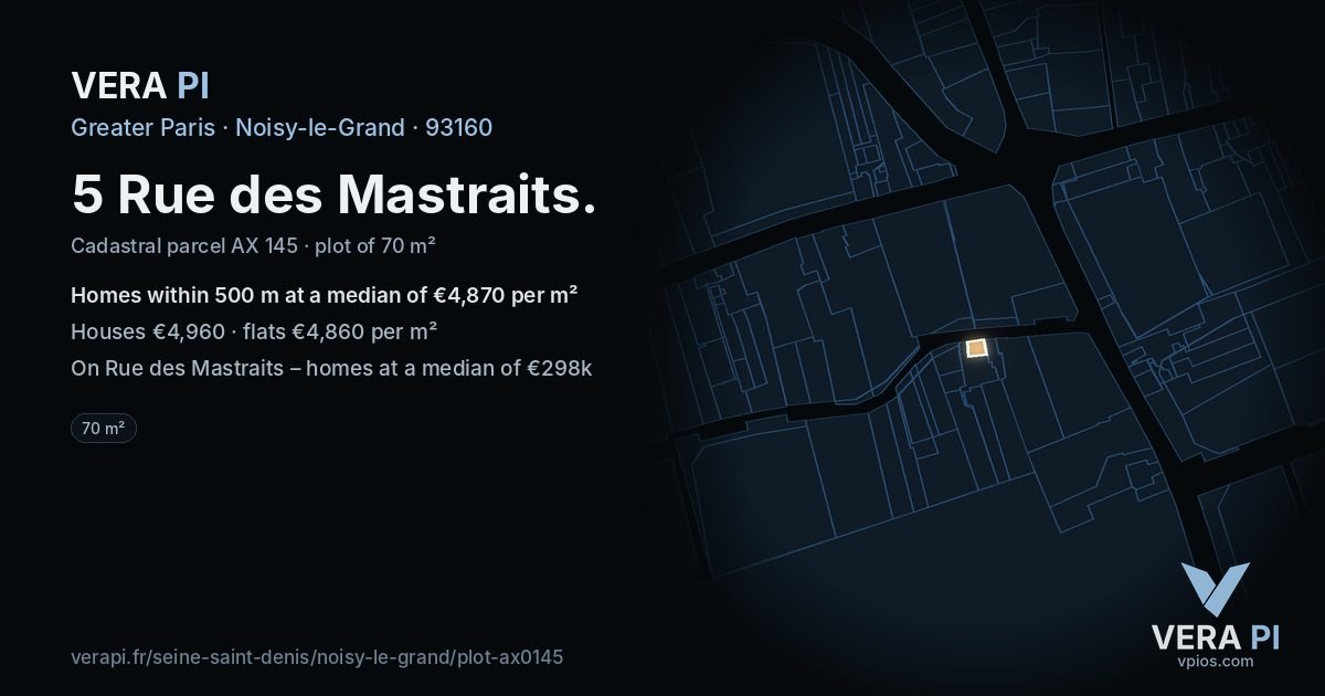 5 Rue des Mastraits, Noisy-le-Grand at night – the plot lit, the parcels around coloured by the prices near them
